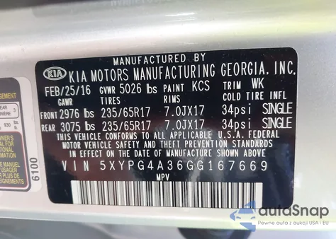 2016 Kia Sorento 2.4L L from USA, damaged, VIN 5XYPG4A36GG167669